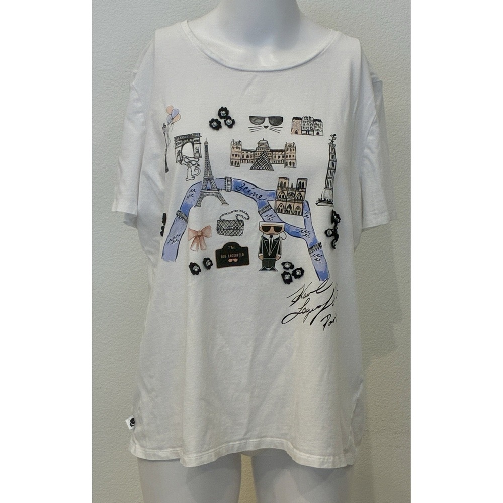 Karl Lagerfeld‎ Paris Bow Trim Eiffel Tower T-Shirt Womens Size L 3D Applique
